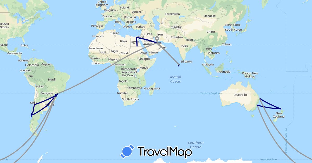 TravelMap itinerary: driving, plane in United Arab Emirates, Argentina, Australia, Brazil, Chile, Egypt, Maldives, New Zealand, Qatar (Africa, Asia, Oceania, South America)